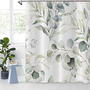 gcirec eucalyptus leaf shower curtains, sage green spring botanical watercolor plants bathroom curtains bathtub home decor waterproof fabric machine washable with 12 pcs hooks
