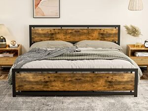 ikifly industrial metal king size bed frame/farmhouse metal platform bed with wooden headboard footboard/heavy duty steel slats support/no box spring need, easy assembly（king, rustic brown）