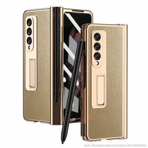 EAXER for Samsung Galaxy Z Fold 3 5G Luxury Lychee Pattern Leather Stand Case Plating Pen Slot Case with Front Tempered Glass All-Inclusive Protective Cover Case Gold