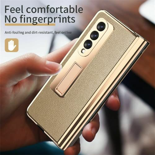 EAXER for Samsung Galaxy Z Fold 3 5G Luxury Lychee Pattern Leather Stand Case Plating Pen Slot Case with Front Tempered Glass All-Inclusive Protective Cover Case Gold