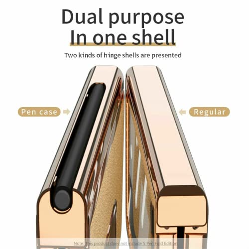 EAXER for Samsung Galaxy Z Fold 3 5G Luxury Lychee Pattern Leather Stand Case Plating Pen Slot Case with Front Tempered Glass All-Inclusive Protective Cover Case Gold