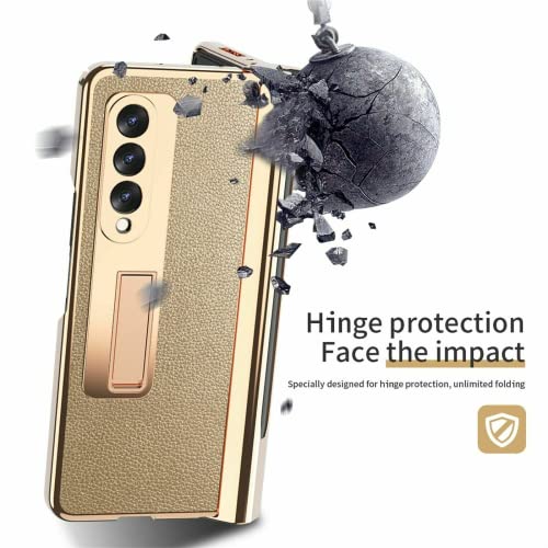 EAXER for Samsung Galaxy Z Fold 3 5G Luxury Lychee Pattern Leather Stand Case Plating Pen Slot Case with Front Tempered Glass All-Inclusive Protective Cover Case Gold