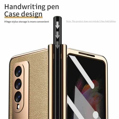 EAXER for Samsung Galaxy Z Fold 3 5G Luxury Lychee Pattern Leather Stand Case Plating Pen Slot Case with Front Tempered Glass All-Inclusive Protective Cover Case Gold