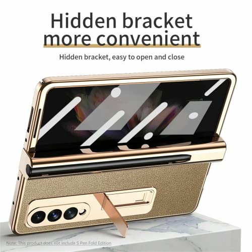 EAXER for Samsung Galaxy Z Fold 3 5G Luxury Lychee Pattern Leather Stand Case Plating Pen Slot Case with Front Tempered Glass All-Inclusive Protective Cover Case Gold