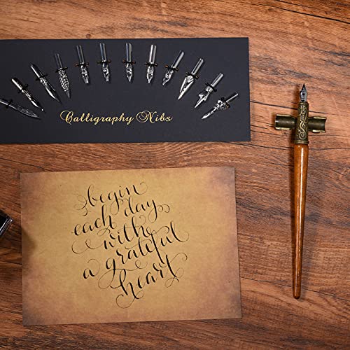 POHNPICE Calligraphy Pen Set，Include Vintage Fountain Wooden Dip Pen for Beginners Writing, 4 Colors Bottles of Ink, 12 Replaceable Nibs, Antique Brass Pen Holder