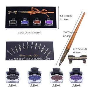 POHNPICE Calligraphy Pen Set，Include Vintage Fountain Wooden Dip Pen for Beginners Writing, 4 Colors Bottles of Ink, 12 Replaceable Nibs, Antique Brass Pen Holder