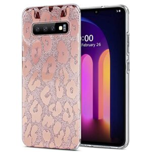 j.west compatible with lg v60 thinq case 5g, luxury saprkle bling glitter leopard print design soft metallic slim protective phone cases for women girls clear tpu bumper silicone cover case rose gold