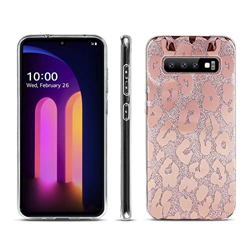 J.west Compatible with LG V60 ThinQ Case 5g, Luxury Saprkle Bling Glitter Leopard Print Design Soft Metallic Slim Protective Phone Cases for Women Girls Clear TPU Bumper Silicone Cover Case Rose Gold