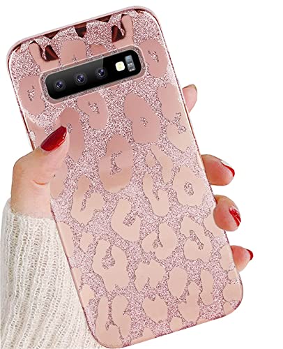 J.west Compatible with LG V60 ThinQ Case 5g, Luxury Saprkle Bling Glitter Leopard Print Design Soft Metallic Slim Protective Phone Cases for Women Girls Clear TPU Bumper Silicone Cover Case Rose Gold