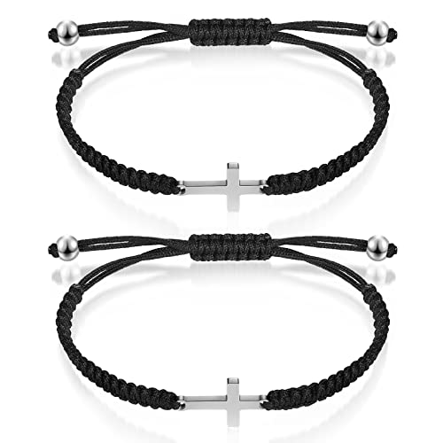 2 Pieces Friendship Cross Bracelet Black String Rope Braided Bracelet Cross Charm Adjustable Handmade Matching Couple Bracelets for Women Men Brother Kabbalah Strand Lucky BFF Bracelets (Black)