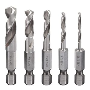 saipe 5pcs 1/4" quick change hex shank metal stubby drill bits short drill bit set hss m2 for right-angle drill attachment and used in tight spaces, 3/32, 1/8, 3/16, 1/4, 5/16-inch