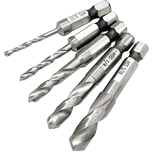 Saipe 5pcs 1/4" Quick Change Hex Shank Metal Stubby Drill Bits Short Drill Bit Set HSS M2 for Right-Angle Drill Attachment and Used in Tight Spaces, 3/32, 1/8, 3/16, 1/4, 5/16-Inch