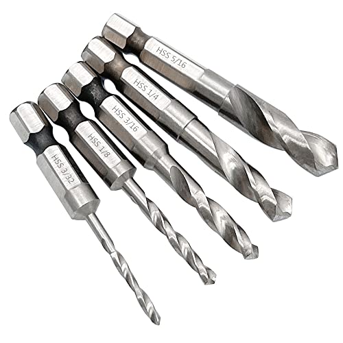 Saipe 5pcs 1/4" Quick Change Hex Shank Metal Stubby Drill Bits Short Drill Bit Set HSS M2 for Right-Angle Drill Attachment and Used in Tight Spaces, 3/32, 1/8, 3/16, 1/4, 5/16-Inch