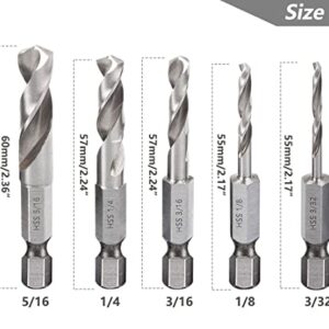 Saipe 5pcs 1/4" Quick Change Hex Shank Metal Stubby Drill Bits Short Drill Bit Set HSS M2 for Right-Angle Drill Attachment and Used in Tight Spaces, 3/32, 1/8, 3/16, 1/4, 5/16-Inch