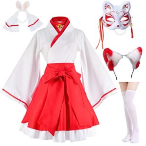 Japanese Anime red White Kimono Fox Rabbit Cosplay Costume Furry Fox Ear Mask with Socks 2XL