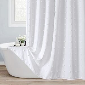 mitovilla white boho fabric shower curtain, modern farmhouse shower curtain with cute simple tufted pleat floral for rustic vintage bathroom decor, soft & wrinkle resistant, 72 x 72