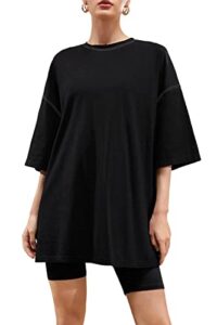 fshaoes women's oversized t shirts casual loose half sleeve drop shoulder tees summer round neck cotton tunic tops black