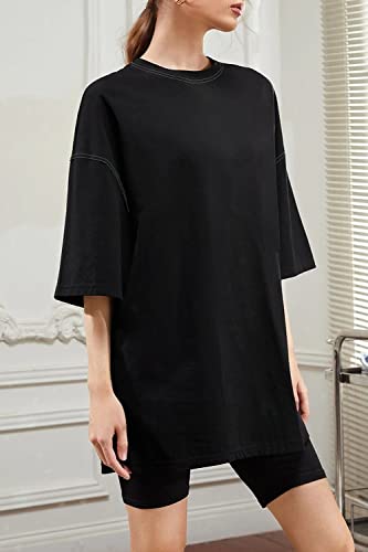 FSHAOES Women's Oversized T Shirts Casual Loose Half Sleeve Drop Shoulder Tees Summer Round Neck Cotton Tunic Tops Black