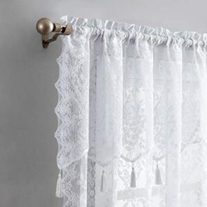 warm home designs pair of 2 white color extra short length 54” (w) x 108” (l) semi sheer lace curtain panels & attached valances with 6 tassels. classic elegant english rose pattern. l white 108”