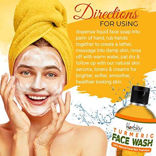 Herblov Turmeric Face Wash, 4oz Turmeric Clear Skin Liquid Soap – 100% Natural Anti Aging Exfoliating Turmeric Facial Cleanser for Spots, Clearing Acne Scars, Age Spots, Sun Damage, Discoloration – Turmeric Soap Skin Detox Made in USA