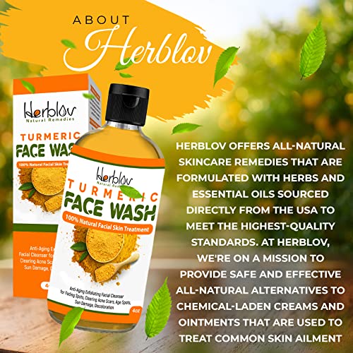 Herblov Turmeric Face Wash, 4oz Turmeric Clear Skin Liquid Soap – 100% Natural Anti Aging Exfoliating Turmeric Facial Cleanser for Spots, Clearing Acne Scars, Age Spots, Sun Damage, Discoloration – Turmeric Soap Skin Detox Made in USA