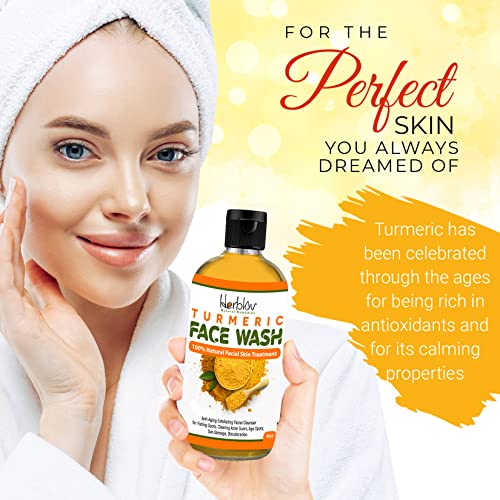 Herblov Turmeric Face Wash, 4oz Turmeric Clear Skin Liquid Soap – 100% Natural Anti Aging Exfoliating Turmeric Facial Cleanser for Spots, Clearing Acne Scars, Age Spots, Sun Damage, Discoloration – Turmeric Soap Skin Detox Made in USA