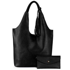 montana west hobo purses and handbags for women vegan leather shoulder bag top handle tote purse set 2 pcs with tassels,black mwc2-079bk