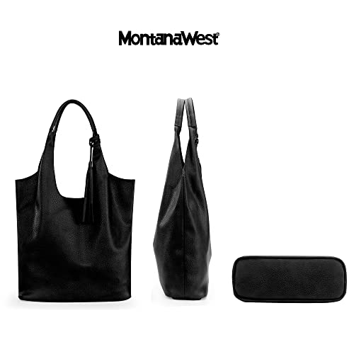 Montana West Hobo Purses and Handbags for Women Vegan Leather Shoulder Bag Top Handle Tote Purse Set 2 pcs with Tassels,Black MWC2-079BK