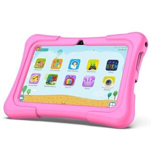pritom tablet for kids, 7 inch kids tablets with wifi, 32gb rom, 2gb ram, bluetooth, camera, parental control, pre-installed apps, games, learning educational toddler tablet with case, pink