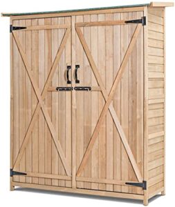 graffy outdoor storage shed, wooden garden tools cabinet with 2 lockable doors and handles, organizer cabinet with tilted asphalt roof, for outside garden and yard