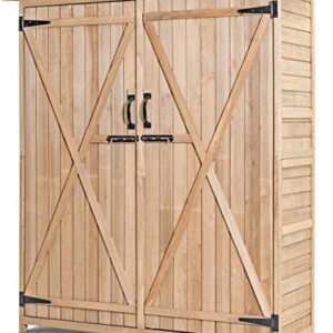 GRAFFY Outdoor Storage Shed, Wooden Garden Tools Cabinet with 2 Lockable Doors and Handles, Organizer Cabinet with Tilted Asphalt Roof, for Outside Garden and Yard