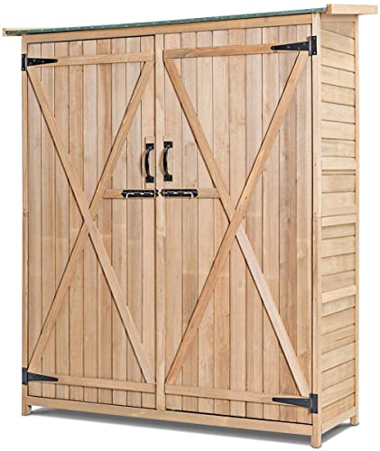 GRAFFY Outdoor Storage Shed, Wooden Garden Tools Cabinet with 2 Lockable Doors and Handles, Organizer Cabinet with Tilted Asphalt Roof, for Outside Garden and Yard