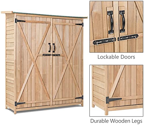 GRAFFY Outdoor Storage Shed, Wooden Garden Tools Cabinet with 2 Lockable Doors and Handles, Organizer Cabinet with Tilted Asphalt Roof, for Outside Garden and Yard