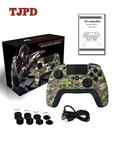 TJPD Wireless Game Controller with 2 Programmable Back Buttons, Compatible with PS4/PS3/iOS13.4+/PC/Android, Game Controller Remote with Turbo/Gyro/HD Dual Vibration/LED Indicator (Green Camouflage)
