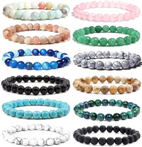 jewdreamer 12pcs 8mm semi-precious gemstone bracelet healing crystal stone beaded bracelets for women men unisex adjustable bead stretch bracelets set