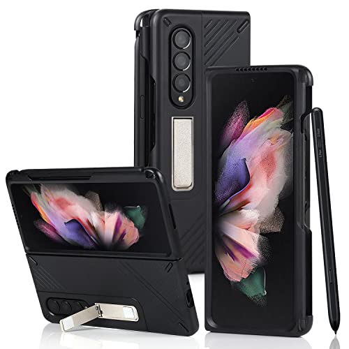 Cavor Designed for Samsung Galaxy Z Fold 3 Case with S Pen Holder and Magnetic Kickstand Feature,Full Body Protective Anti-Scratch Anti-Drop Wear-Resistant PC Material Hard Flip Cover- Black