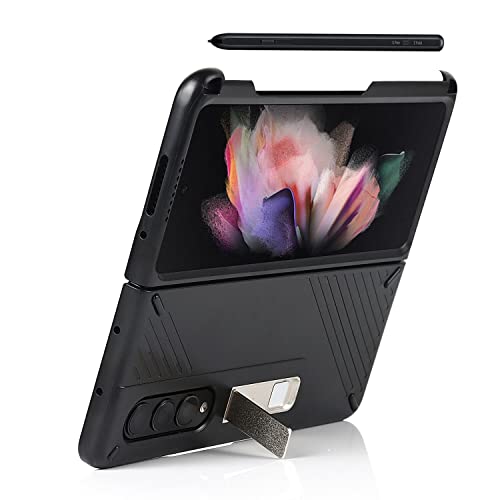 Cavor Designed for Samsung Galaxy Z Fold 3 Case with S Pen Holder and Magnetic Kickstand Feature,Full Body Protective Anti-Scratch Anti-Drop Wear-Resistant PC Material Hard Flip Cover- Black