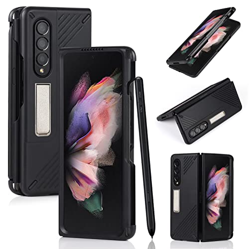 Cavor Designed for Samsung Galaxy Z Fold 3 Case with S Pen Holder and Magnetic Kickstand Feature,Full Body Protective Anti-Scratch Anti-Drop Wear-Resistant PC Material Hard Flip Cover- Black