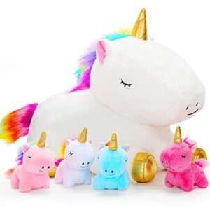 kmuysl unicorn mommy stuffed animal with 4 babies - soft plush toy set for ages 3-8, perfect valentines & birthday gifts