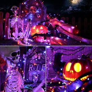 Brizled Orange & Purple Halloween Lights, 39.37ft 120 LED Orange Lights, Purple Solar Halloween Lights 8 Modes, Outdoor Twinkle Orange Halloween String Lights for Halloween Party DIY Decor, Black Wire