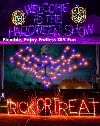 Brizled Orange & Purple Halloween Lights, 39.37ft 120 LED Orange Lights, Purple Solar Halloween Lights 8 Modes, Outdoor Twinkle Orange Halloween String Lights for Halloween Party DIY Decor, Black Wire