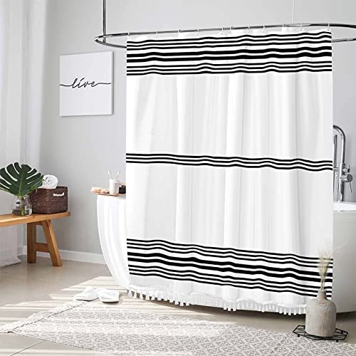 Seasonwood Black and White Shower Curtain with Tassels,Farmhouse Fabric for Bathroom,Heavy Weighted, 72 x 72