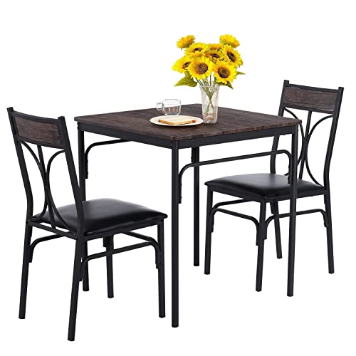 VECELO 3-Piece Dining Room Table Set with PU Padded Chairs for Kitchen, Small Space, Apartment, Seating for Two, Dark Brown