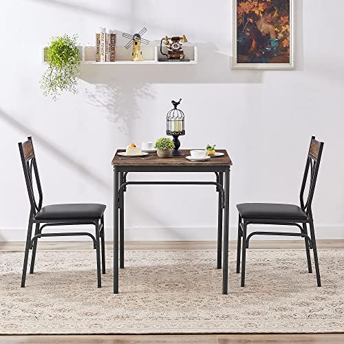 VECELO 3-Piece Dining Room Table Set with PU Padded Chairs for Kitchen, Small Space, Apartment, Seating for Two, Dark Brown