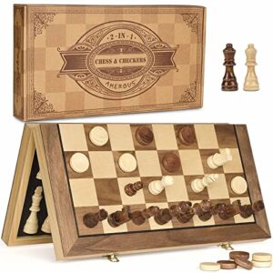 amerous 15'' magnetic wooden chess & checkers game set -2 extra queens -24 cherkers pieces - chessmen storage slots, beginner chess set for kids and adults, classic 2 in 1 board games