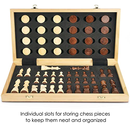 AMEROUS 15'' Magnetic Wooden Chess & Checkers Game Set -2 Extra Queens -24 Cherkers Pieces - Chessmen Storage Slots, Beginner Chess Set for Kids and Adults, Classic 2 in 1 Board Games