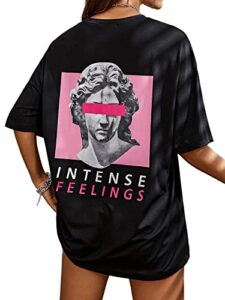sweatyrocks women's short sleeve drop shoulder round neck tee graphic print oversized loose fit t-shirt tops black pink m
