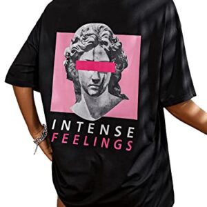 SweatyRocks Women's Short Sleeve Drop Shoulder Round Neck Tee Graphic Print Oversized Loose Fit T-Shirt Tops Black Pink M