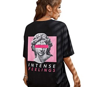 SweatyRocks Women's Short Sleeve Drop Shoulder Round Neck Tee Graphic Print Oversized Loose Fit T-Shirt Tops Black Pink M