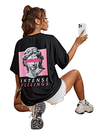 SweatyRocks Women's Short Sleeve Drop Shoulder Round Neck Tee Graphic Print Oversized Loose Fit T-Shirt Tops Black Pink M